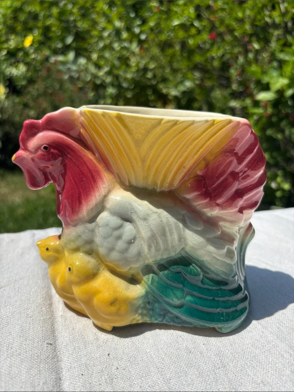 Vintage Hand-Painted Rooster Ceramic Vase in Red, Yellow & Green